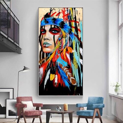 Wall Art Canvas Print Graffiti Picture Figure Paiting Native Indian Feather Woman For Living Room Home Decor Poster No Frame