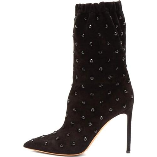 Sexy Black Rhinestone Embellished Mid-calf Boots Women Black Suede Crystal Boots Thin Heels Elastic Opening Slip on Bottes