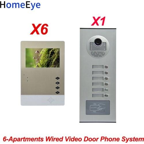 6 Family Video Door Bell Home Access Control System 4.3'' 4-Wire Multi Apartments Video Door Phone Intercom RFID Card Wholesale