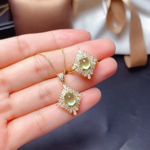 Wedding Best Gift Prehnite Jewelry set Natural And Real Prehnite Set 925 sterling silver Fine jewelry 1pc Ring,1pc Pendant