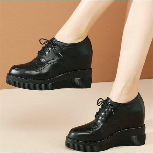 Chunky Platform Pumps Shoes Women Lace Up Cow Leather Wedges High Heel Ankle Boots Female Round Toe Fashion Sneakers Casual Shoe