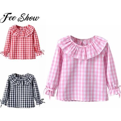 Spring Baby Girls Blouse Cotton Tops Ruffles Peter Pan Collar Plaid Toddler Girl Flare Sleeve Shirt Clothes Clothing Infant 1-6Y