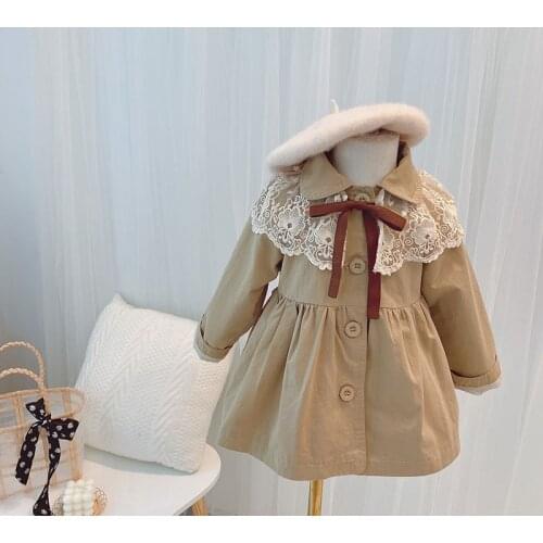 Autumn Childrens Solid Lace Lapel Collar Windbreaker Trench Girls Outerwear Princess Kids Jackets Coats casaco infantil menina