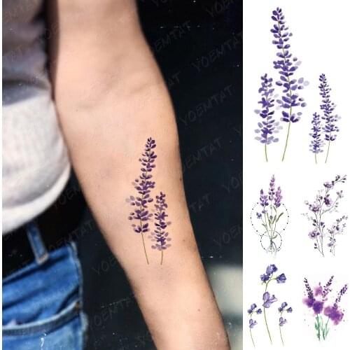 Waterproof Temporary Tattoo Sticker Watercolor Flowers Plants Flash Tatoo Purple Lavender Wrist Fake Tatto For Body Art Women