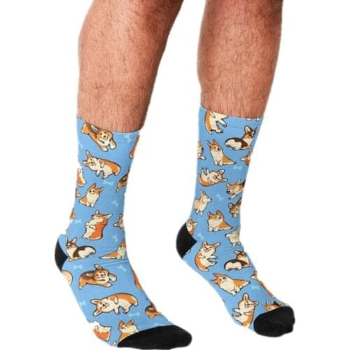 2021 Funny Mens socks Jolly corgis in blue Pattern Printed hip hop Men Happy Socks cute boys street style Crazy Socks for men