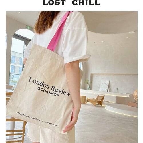 Lost Chill London Review Bookstore Women Canvas Tote Bag Color Straps Shoulder Bag Soft Large Shopping Bag Summer Ladies Handbag