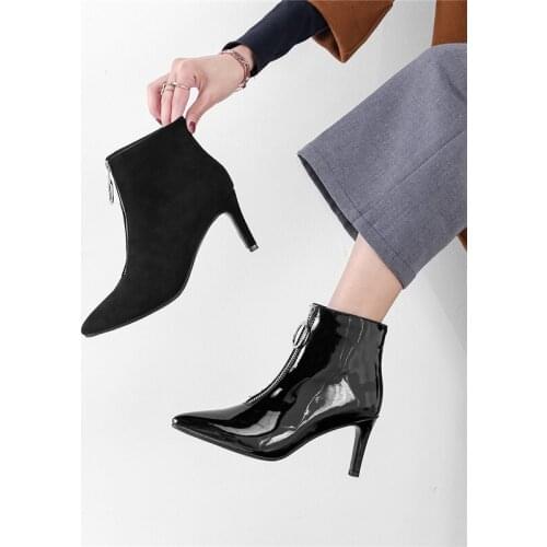 YMECHIC Fashion Pu Patent Leather Sexy Thin High Heels Shoes Booties 2018 Woman Black Mirror Autumn Ankle Boots Plus Size 43