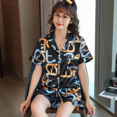 Womens Pajamas Set Fashion Sexy Silk Sleepwear Suit Home Clothes Letter Print Pijama Mujer Summer Pyjamas Femme Nightgown