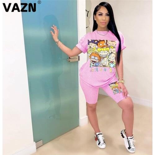 VAZN 2020 Hot Sales Cartoon Cute Energy Casual Soft Free Young Daily Short Sleeve Knee Length Slim Tracksuits Women 2 Piece Set