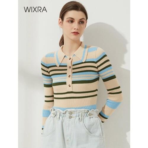 Wixra Womens Slim Fit Sweater Bodysuit Turn Down Collar Striped Spring Autumn Female Knit Strenchy Long Sleeve Jumpers