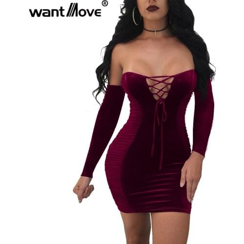 Wantmove Women Velvet Sexy Bodycon Ruched off Shoulder Lace up Dress 2021 Summer Fashion Club Party Sheath Mini Dresses JZ127