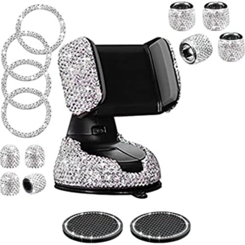 15Pack Bling Car Accessories for Women Set Car Phone Holder Mount Car Coasters Bling Tire Valve Stem Caps Silver