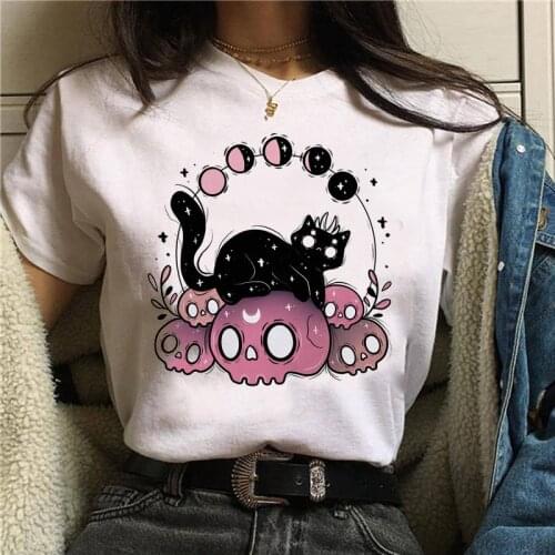 90s Kawaii Cat Graphic Print Pink T-shirts Kawaii Summer O-neck Short Sleeve Vintage Top Harajuku Goth vintage Grunge tee femme