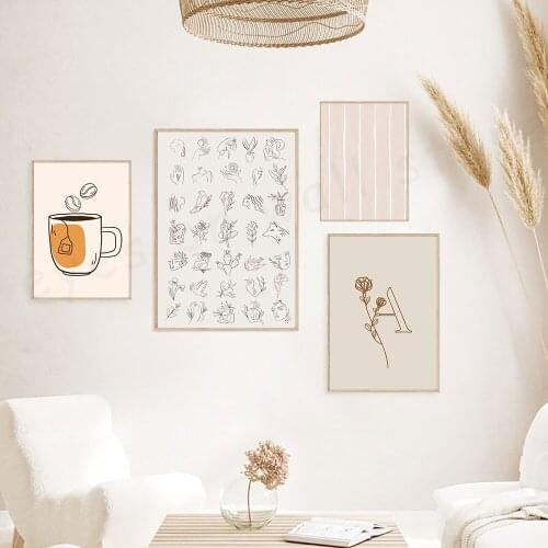 Abstract Body and Hands Gesture One Line Drawing Prints Letter and Flower Poster Minimalist Nordic Poster Wall Art Picture Decor