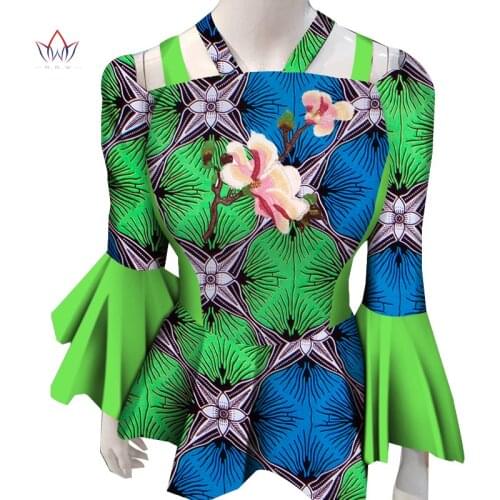 Bintarealwax African Print Wax Shirt for Women Dashiki Long Sleeves Ankara Top Plus Size Traditional African Clothing WY5013