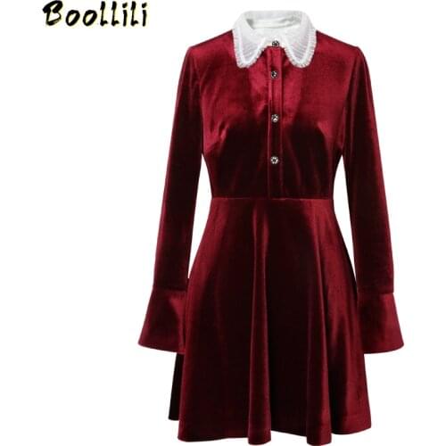 Boollili Spring 2020 Lace Elegant Dress Women Korean Party Gold Velvet Vintage Dress Long Sleeve Womens Dresses Winter Vestido