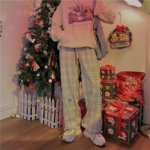 Plaid Pant Women Casual Cotton Wide Leg Pants Retro Ankle Length Elastic Waist Loose Trousers Female jogger clothes vintage punk