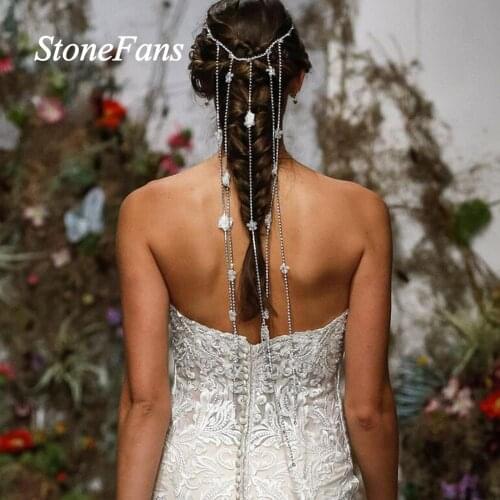 Stonefans Bridal Hair Accessories Tassel Hair Chain Long Rhinestone for Women Bohemian Wedding Flower Hair Piece Chain Jewelry