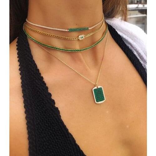 2021 new Bezel setting baguette cubic zirconia tennis cz choker necklace 30+10cm extend chain rainbow green cz chocker for women
