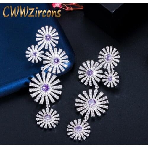 CWWZircons Shiny Long Dangle Drop Purple Amethyst CZ Cubic Zircon Stone Silver Party Earring for Women Jewelry Accessories CZ771