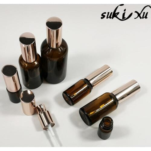 2pcs Rose Gold Cap/Lid Amber Glass Spray Bottle for Perfume/Toner/Hydrolat Water Makeup Sprayer Travel Skincare Refill Container