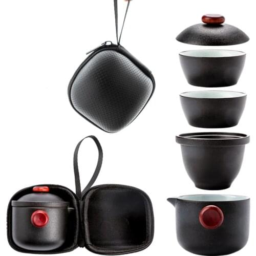LUWU black crockery ceramic teapots with 2 cups portable travel tea set drinkware