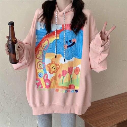 Girls Student Lovely Cartoon Printed Sweatshirts Harajuku Plus Size Loose Hoodies Women Plus Size Loose Long Style Pullovers