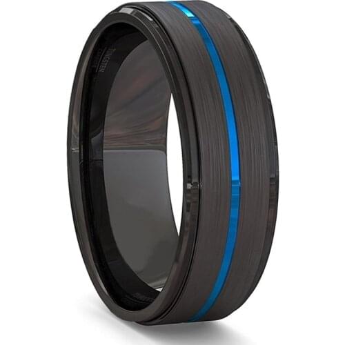 8MM Fashion Mens Tungsten Carbide Ring Thin Blue Line Black Brushed Ladder Edge Groove Ring Men Wedding Band Jewelry Gifts