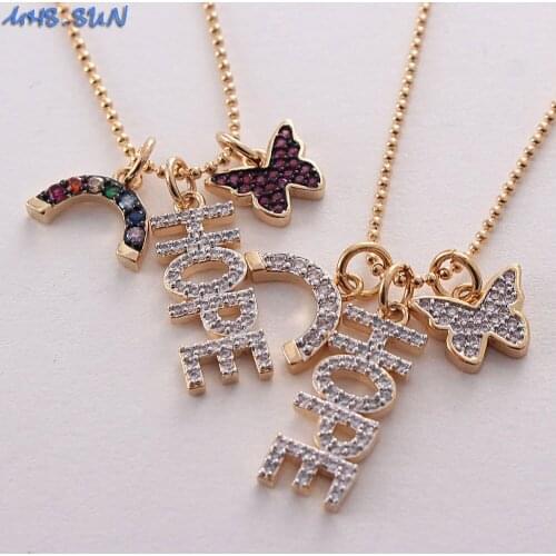 MHS.SUN Trendy Mosaic Zirconia Hope Butterfly Rainbow Paved Pendant Necklace Fashion Women Girls Chain Necklace Charm Jewelry