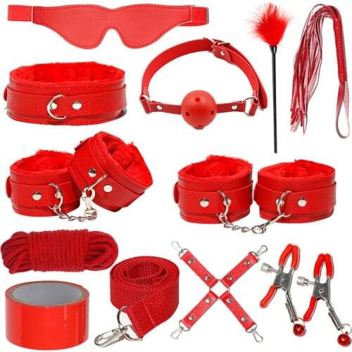 Sex Toys Kits Sex Bondage Set Handcuffs Tape Whip Gag Shackles Collar Fluff Stick Nipple Clamp Feather Stick For Couples