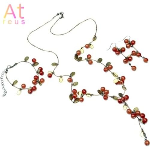 Red bean Cherry Jewelry Set Women Wedding Jewelry Vintage Bronze Color Metal Leaf Bracelet Drop Earrings Bead Pendant Necklace
