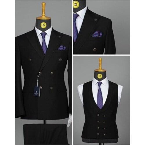 New Arrival Black Formal Double Breasted Men Suits Fashion Groom Tuxedos Wedding Party Mens Suits (Jacket+Pants+vest+Tie)
