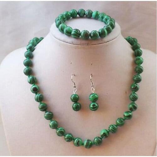 Charming 8mm green malachite round necklace Bracelets Earrings Set