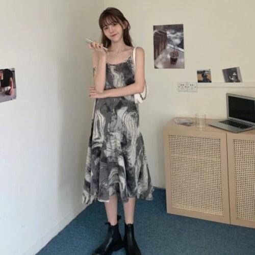 Dress for Women Temperament Tie-dye Sling Dress New Summer Womens Skirt Loose and Thin All-match Mid-length Skirt
