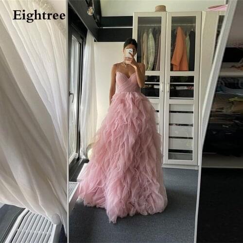 Eightree 2021 Dusty Pink Ruffled Tulle Evening Dresses Long A Line Sleeveless Tiered Floor Length Prom Gowns