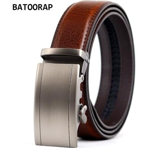 Mens Belts Cowhide High Quality Metal Auto Buckle Gray Business Waist Strap Male Brown Ratchet Belt For Men Leather Straps