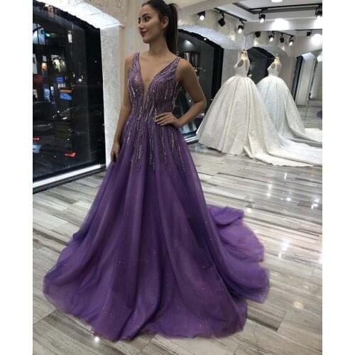 Sexy Plunging V Neck Beaded Heavily Sleeveless Low Back Sweep Train Purple Prom Dresses 2020