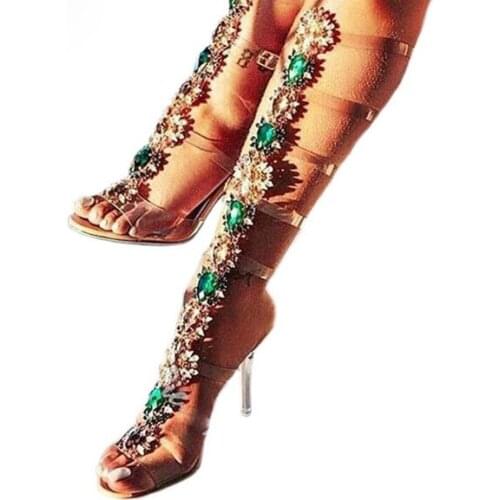Sexy women knee high boots Rhinestone summer Buckle Strap thigh high boot Woman Boots Crystal Beach Shoes Sandalias Plus size 43