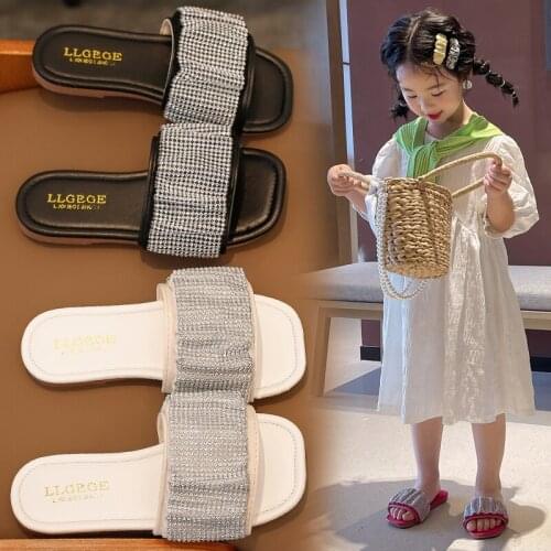 Girls Fashion Slippers 2021 New Summer Kids Rhinestones Pu Leather Anti-slip Rubber Soft Princess Shoes Beach Slippers Baby Shoe