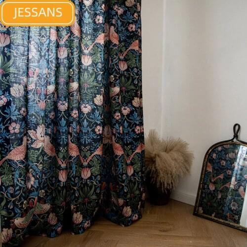 2021 American Retro Country Imitation Cotton and Linen Blackout Bird Dark Blue Curtains Curtains for Living Dining Room Bedroom
