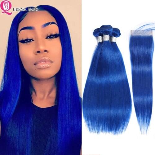 Blue bundles with closure Colored Brazilian Hair Weave Bundles With Closure Straight Human Hair Bundles and Closure Remy Hair