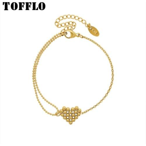 TOFFLO Stainless Steel Jewelry Double Chain Steel Ball Peach Heart Love Pendant Bracelet BSE203