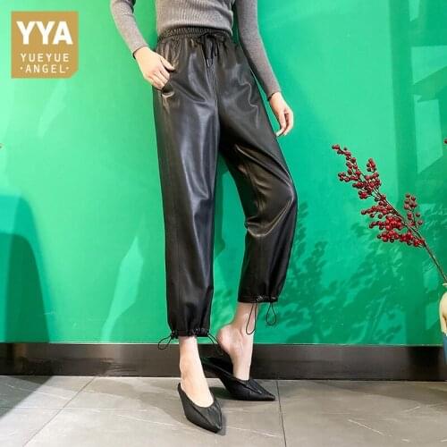 Street Casual 100% Sheepskin Pants Women Fashion Elastic Waist Ankle-Length Harem Pants Loose Hip-Hop Wide Leg Pants Plus Size