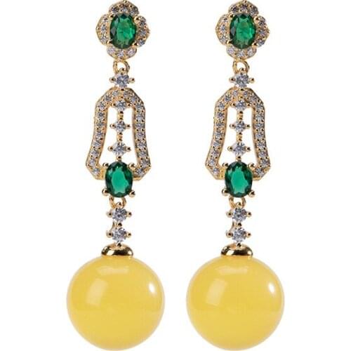 S925 sterling silver gold-plated natural amber stud earrings personality affordable luxury elegant Lady long earrings