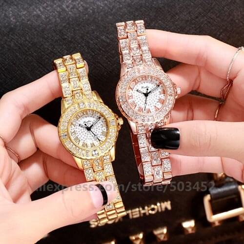 50pcs/Lot Luxurious Women Watch Elegant Rhinestone Crystal With Diamond Round Dial Quartz Roman Numerals Steel Belt WristWatch