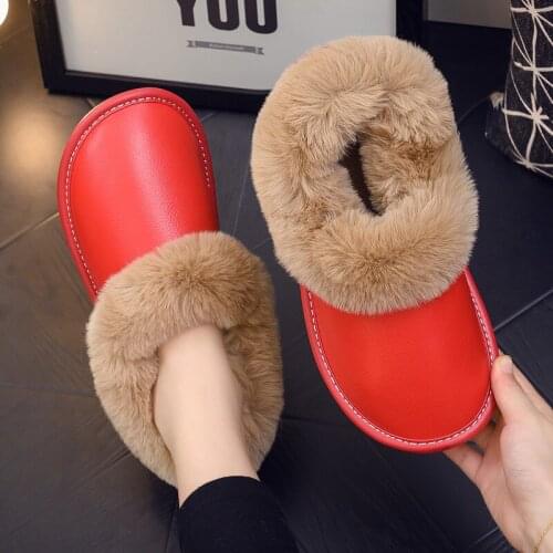 Women Winter Genuine Leather Faux Fur Indoor Boots Slippers Warm Loafers Shoes Ladies Home House Shoes Flats Men Black Fur Boots