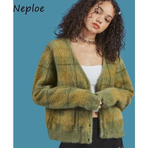 Retro Mink Plaid V-neck Loose Sweater Women 2021 New Autumn Winter Cardigan Female Pockets Single Bresated Jacket Mujer