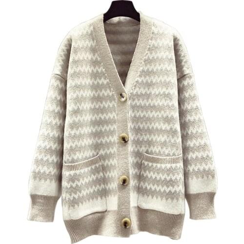 VSUE Women Sweater Knitted V Neck Cardigan Button Gray Khaki Geometric Autumn M0250