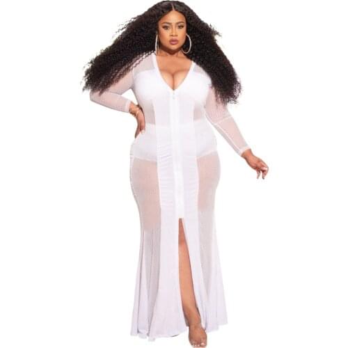 Echoine Plus Size Mesh V-neck Solid Black Irregular Long Skirt Sexy Casual Night Club Bodycon Women Dress Drop Shipping