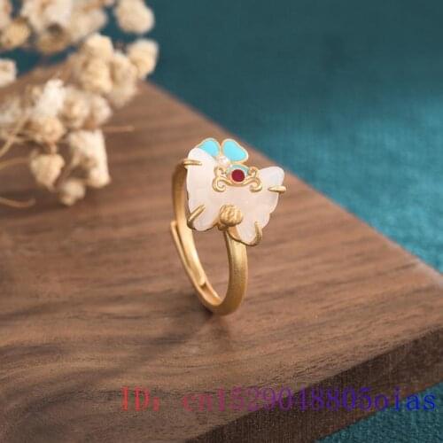 White Jade Butterfly Ring Women 925 Silver Charm Fashion Gemstone Crystal Chalcedony Men Jewelry Zircon Natural Amulet Gifts